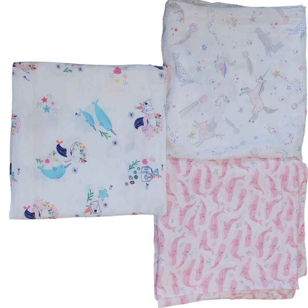 3 Angel Dear 47x47 Bamboo Swaddle Blankets Baby Girl Unicorns Whales
